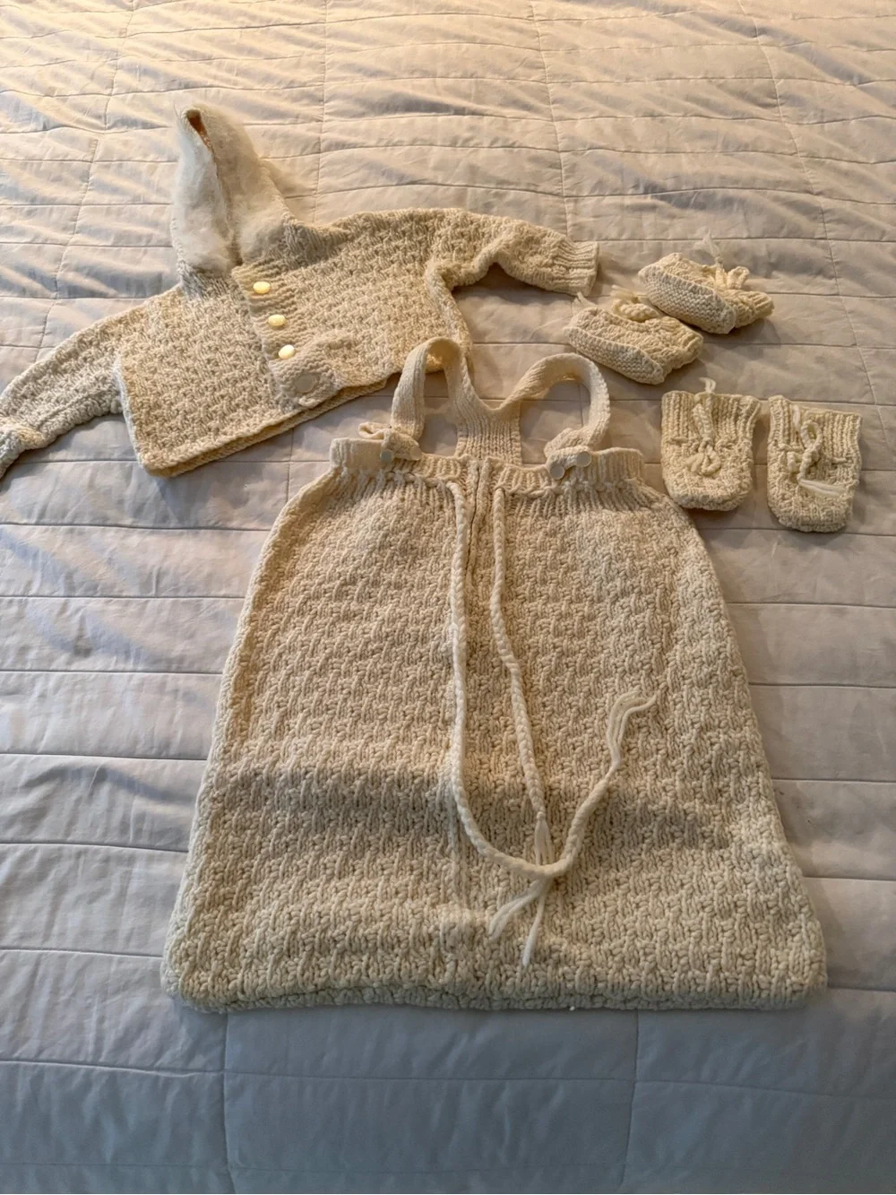 Hand-Knit Cream Baby Layette Set - Hooded Sweater, Gown, Booties & Mitts